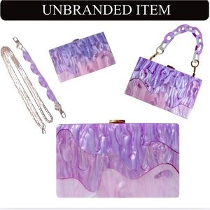 Lavender Acrylic Wave Design Box Clutch w/Rope Handle & Crossbody Chain, EUC